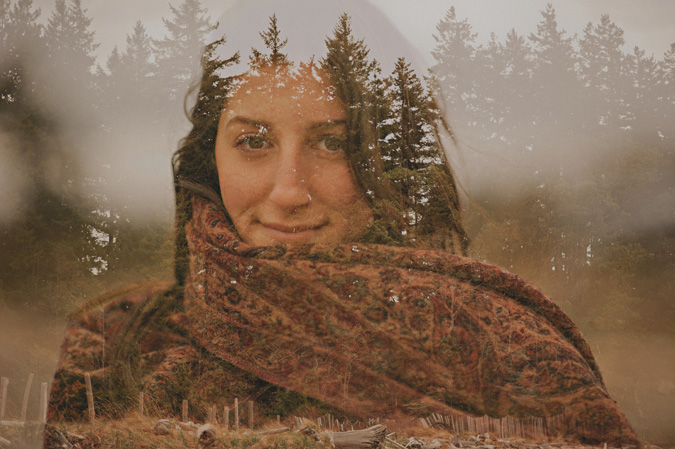 double exposure of a woman & the forest